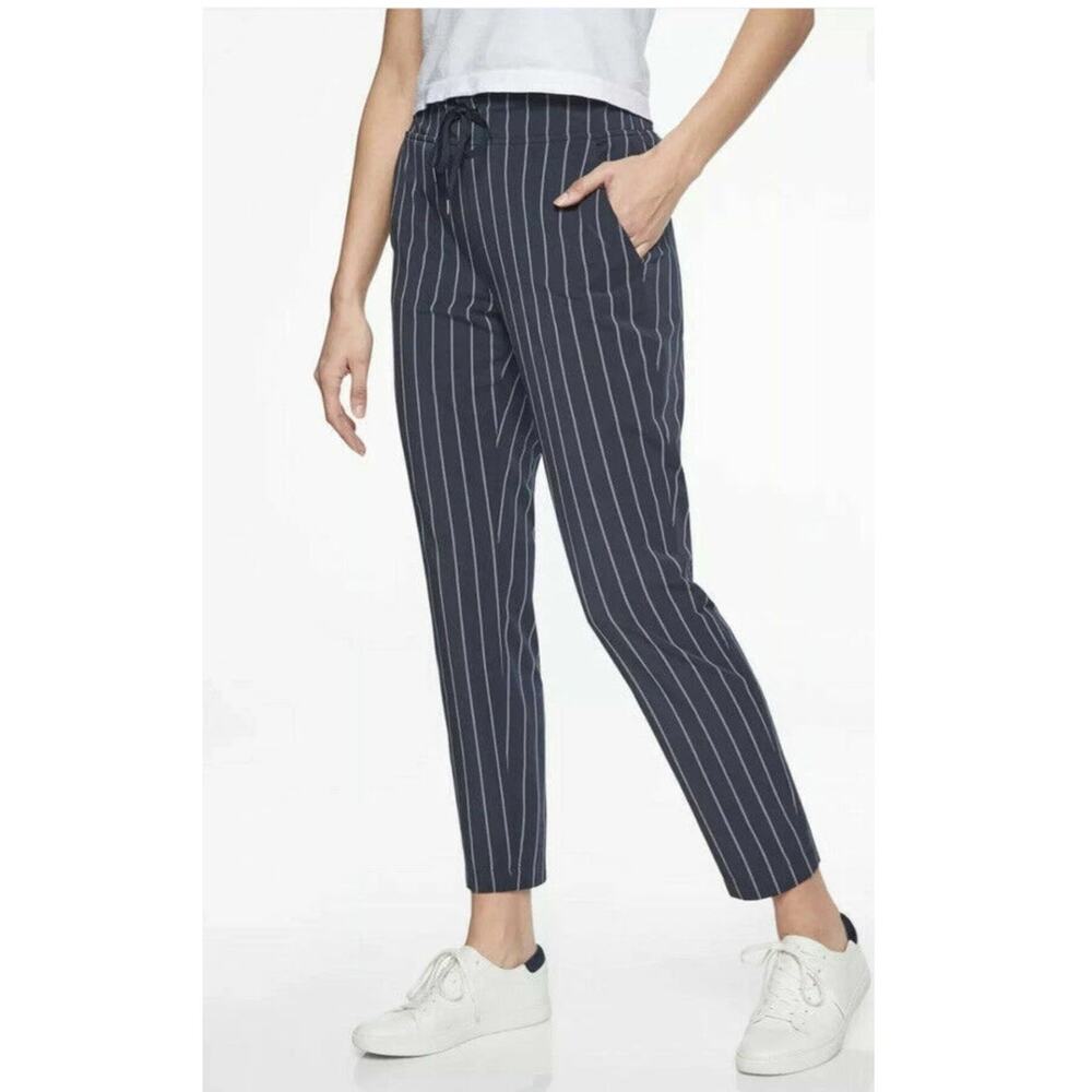 Athleta Navy Pin Striped Midtown Ankle Athleisure Travel Pant Size 2
